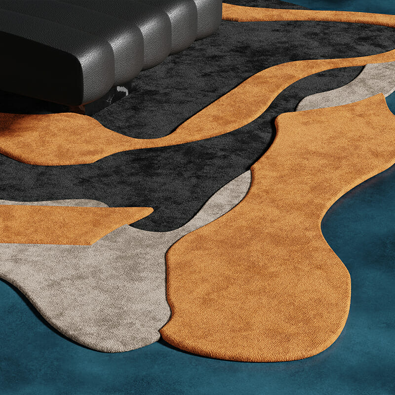 Dark Blue Floor With An Orange Shaped Rug