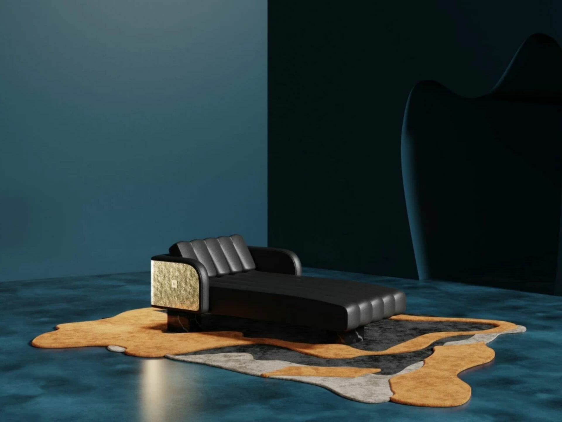 Blue Room With A Orange Rug And A Black Daybed