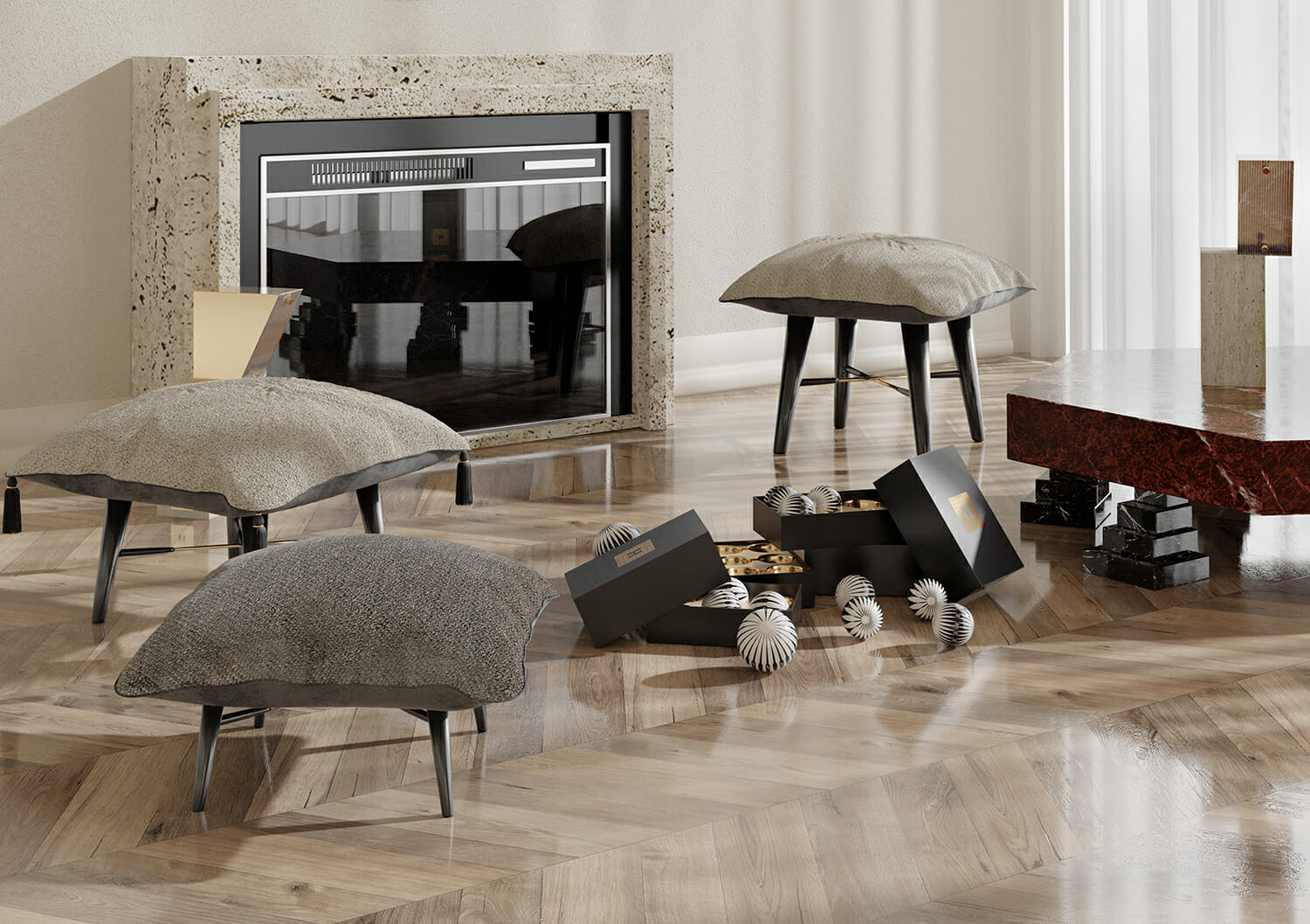 Neutral Living Room With Modern Stools, Marble Coffee Table, And Christmas Decor