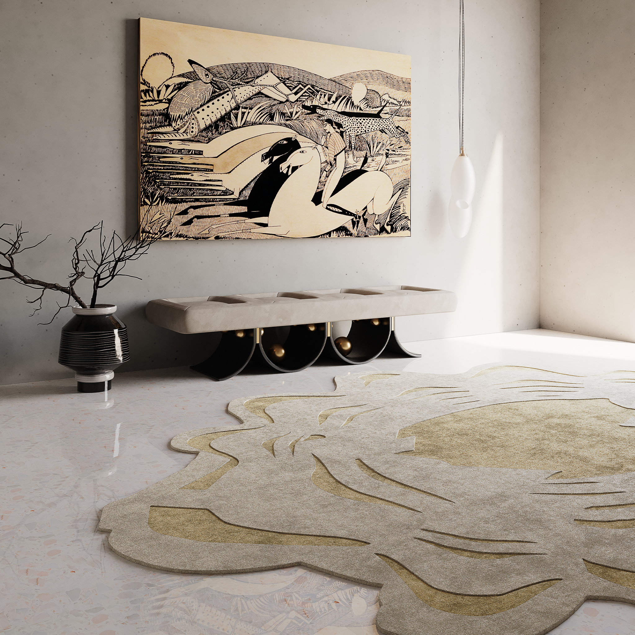 Modern Rugs In A Hallway With Cream Walls And With A Modern Bench And With A Artistic Canvas On The Wall And With An Irregular Rug