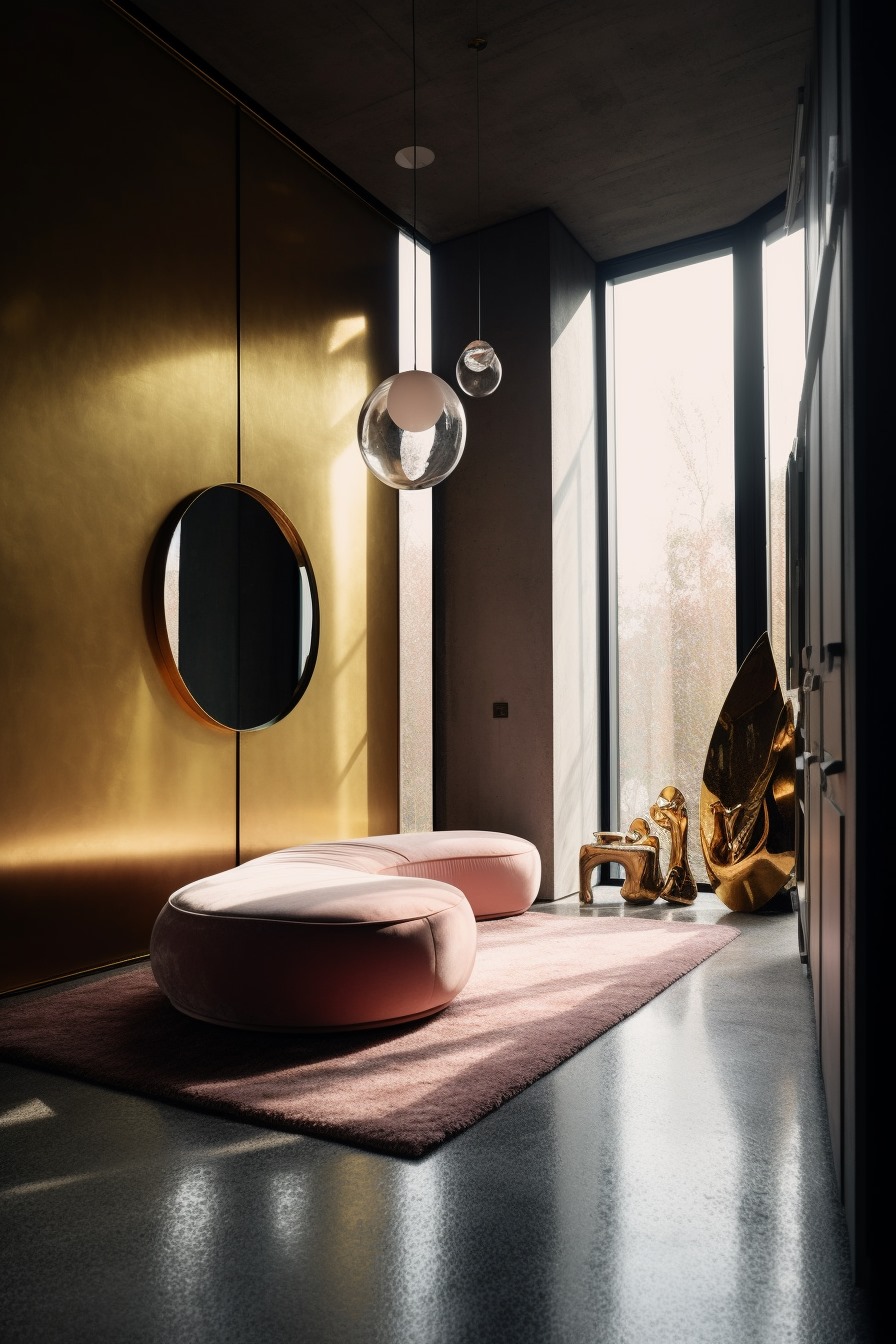 Summer Colors Room Featuring A Soft Pink Rug And Soft Pink Couch And A Yellow Wall