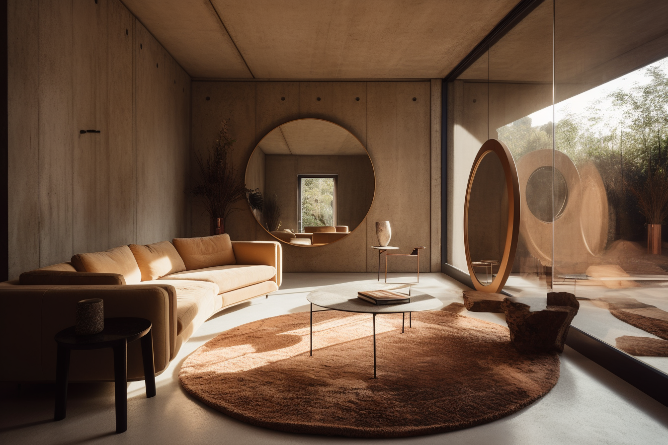 Fall Trends Rugs On A Living Room With Plastered Walls And With Concrete Floors And With A Large Leather Sofa And With A Large Window And With A Round Brown Rug