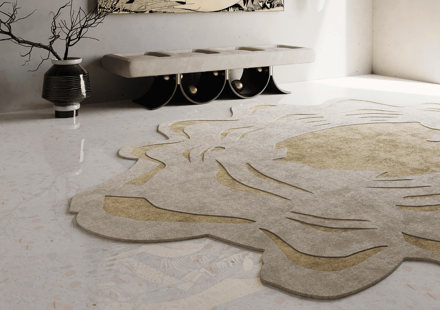 The Image Showcases A Modern, Minimalist Interior Featuring A Unique, Abstract-Shaped Area Rug With A Combination Of Beige And Muted Gold Hues.