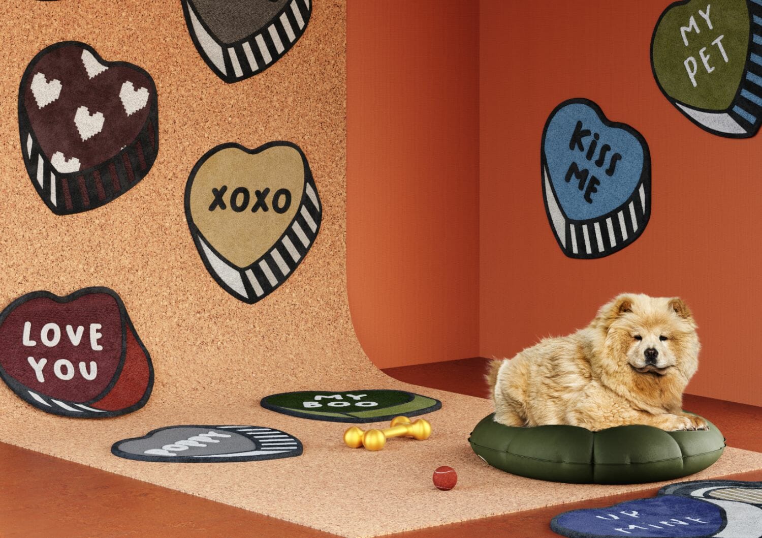 Dog On Daybed Surrounded By Candy-Shaped Rugs For Pets